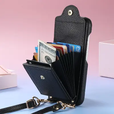 iPhone 16 PU kožna futrola novčanik s ogledalom, držačem kartica i crossbody trakom Crna