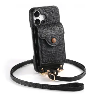 PU kožna futrola-novčanik kompatibilna s iPhone 12 Pro Max s držačem kartica, ogledalom i podesivom uzicom Crna