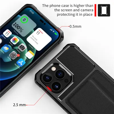 Crna futrola za telefon otporna na udarce s držačem kartica, kompatibilna s iPhone 14 Pro - TPU+PU+Metal Crna