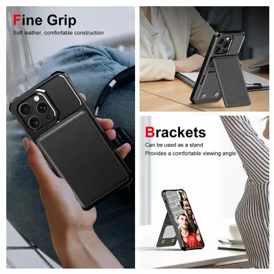 Crna futrola za telefon kompatibilna s iPhone 16, TPU+PU+Metal materijal, otporna na udarce, magnetska, protiv ogrebotina, protiv otisaka prstiju, drž