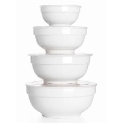 DOWAN Porculanske zdjele s poklopcima - set od 4 za čuvanje i posluživanje hrane. Različite veličine (355-1893 ml), svestrane za kuhinju