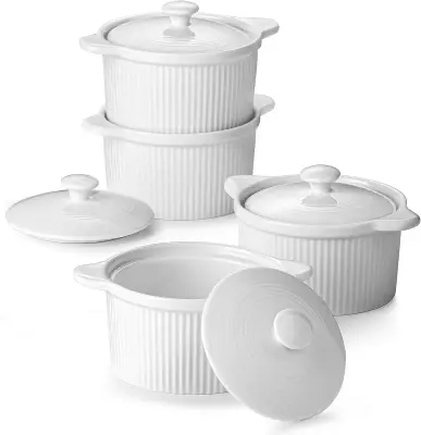 DOWAN 207 ml porculanske ramekine s poklopcima - set od 4 za Creme Brulee, Souffle, juhu. Sigurno za pećnicu, bijela