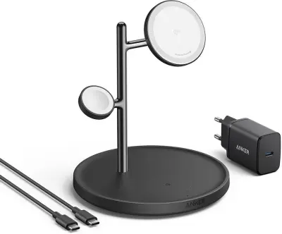 ANKER Kućni bežični punjač sa magnetskim držačem 15W, 3u1, crni