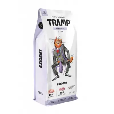 Tramp Fly Exigent - Premium suha hrana za izbirljive mačke s visokim prehrambenim potrebama, 15 kg