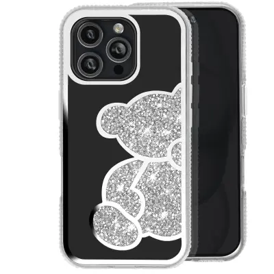 Šljokičasta maska za iPhone 16 Pro motiv medvjedića s cirkonima