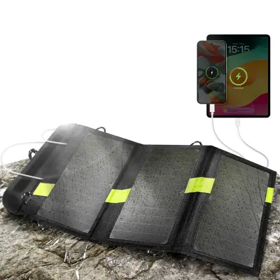 Solarni punjač vodootporan 20W s dvostrukim USB-om, sklopiv za vanjsku upotrebu.