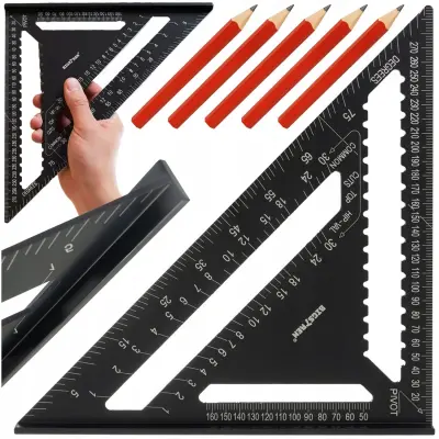 Veliki aluminijski stolarski kutnik 300x300x450 mm crni i olovke
