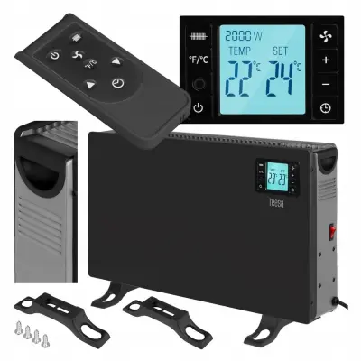 Električni konvektorski grijač od 2000 W s LCD zaslonom i daljinskim upravljačem, crni
