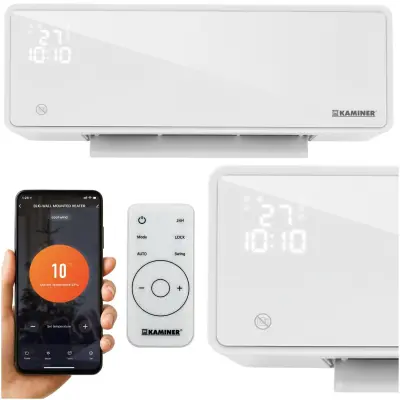 Zidna zračna zavjesa za grijanje od 2000 W s WiFi-jem, LCD aplikacijom, ZELVION + daljinski upravljač, bijela