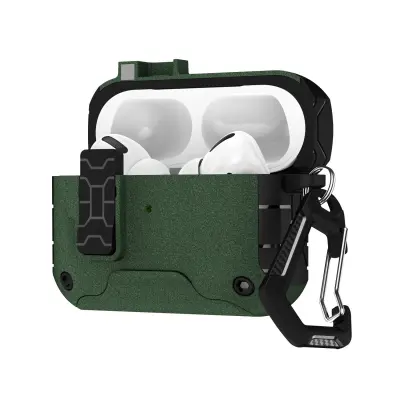 Robusna maska za Bluetooth slušalice kompatibilna s AirPods Pro/Pro 2 - Zaštitna maska otporna na udarce s bravom i karabinerom Zelena