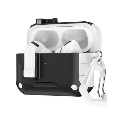 Zaštitna futrola za AirPods 4 - TPU+PC, Magnetsko zatvaranje, Postolje za telefon, Kuka za privjesak za ključeve Bijela+Crna