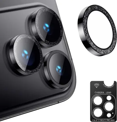 Glitter Camera Lens Protector Compatible with Apple iPhone 17 Pro/17 Pro Max - Black Tempered Glass Lens Film Crna