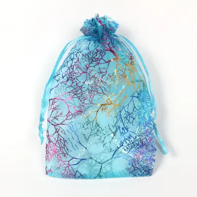 Organza vrećice sa zlatnim otiskom i iridescentnim koraljnim uzorkom 10x15cm (50 kom) - Mrežaste vrećice na vezicu za poklone Višebojna