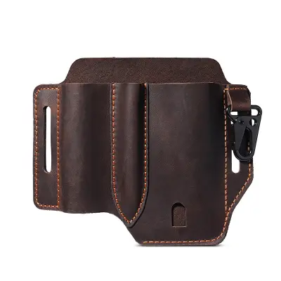 Head Layer Leather EDC Tactical Tool Pouch - Multi-functional Waist Bag with Universal Belt Clip Kava