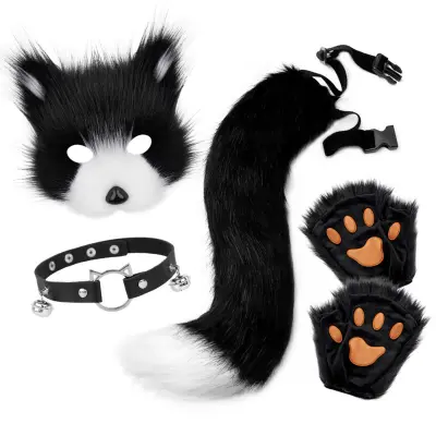 Halloween Plush Fox Mask Costume Set - Includes Mask, Collar, Tail, and Paws Crna i bijela