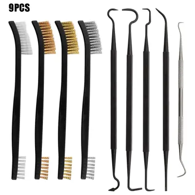 9-Piece Mini Wire Brush Tool Set: Čelične, mesingane i najlonske četke s kukastim alatima Crna