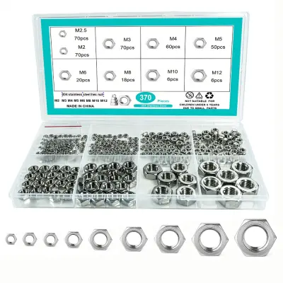 Set od 370 komada šesterokutnih matica od nehrđajućeg čelika - Metrički set šesterokutnih matica Srebrna