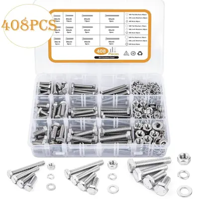 408pcs Stainless Steel Hex Bolt and Nut Set - M5 M6 M8 Assortment Kit Srebrna