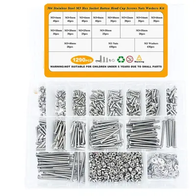 1290PCS 304 Nehrđajući čelik Šesterokutni vijak Matica Set - Vijci s Allen glavom Srebrna