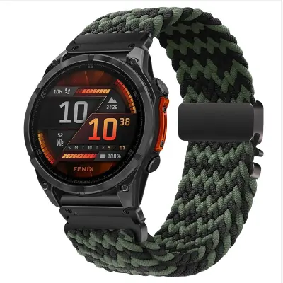 Elastična najlonska tkana narukvica za sat Kompatibilna s Garmin Fenix 8/7X Pro/955/965 s magnetskom kopčom za brzo otpuštanje Crna+Zelena