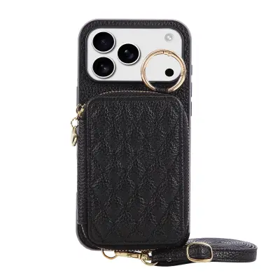 Chic futrola od PU kože s teksturom ličija kompatibilna s iPhone 17 Pro - s utorom za kartice i funkcijom stalka Crna