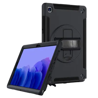 Zaštitna futrola za tablet kompatibilna sa Samsung A7 10.4 inča T505\/T500, otporna na udarce, sa stalkom, remenom za ruku, protiv otisaka prstiju Crn