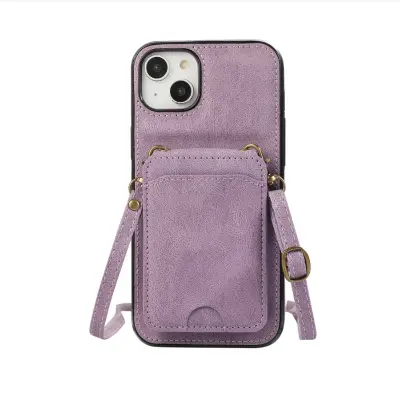 3-u-1 ljubičasta kožna futrola kompatibilna s iPhone 17 Pro Max s držačem kartica i crossbody remenom Ljubičasta