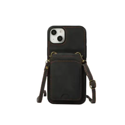 3-u-1 PU kožna futrola za telefon kompatibilna s iPhone 17 - držač kartica i crossbody remen Crna