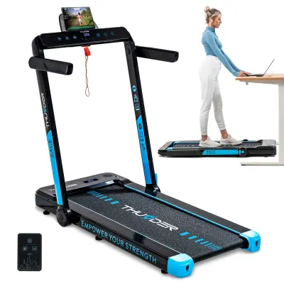Električna sklopiva traka za trčanje ispod stola THUNDER® RACE-BLACK – 14 km/h, 2 KS, niska izvedba 14 cm, Bluetooth, nosivost 130 kg