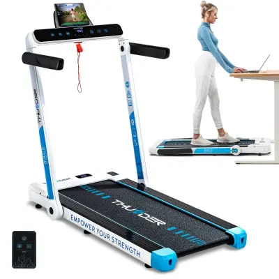 Električna sklopiva traka za trčanje ispod stola THUNDER® RACE-WHITE – 14 km/h, 2 KS, niska izvedba 14 cm, Bluetooth, nosivost 130 kg