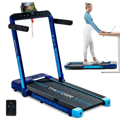 THUNDER® RACE-BLUE Električna sklopiva traka za trčanje ispod stola – 14 km/h, 2 KS, niska izvedba 14 cm, Bluetooth, nosivost 130 kg