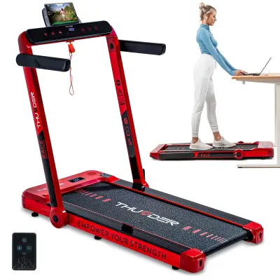 THUNDER® RACE-RED Električna sklopiva traka za trčanje ispod stola – 14 km/h, 2 KS, niska izvedba 14 cm, Bluetooth, nosivost 130 kg