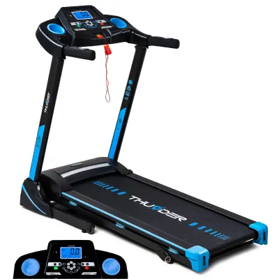 Električna sklopiva traka za trčanje THUNDER® ICON-BLUE – do 17 km/h, 2 KS, LED zaslon, amortizacija udaraca, aplikacija, nosivost 140 kg