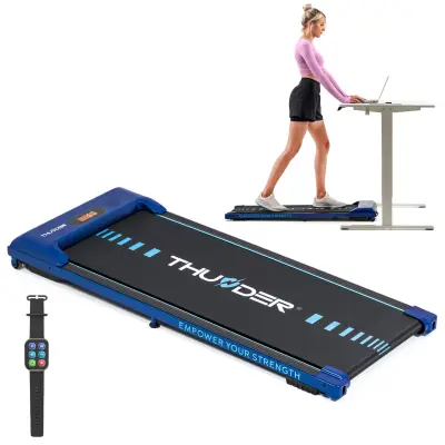 Električna traka za trčanje ispod stola THUNDER® IDEA-BLUE – 6 km/h, 1,5 KS, ultra tanka 11 cm, Bluetooth, LED zaslon, nosivost 100 kg