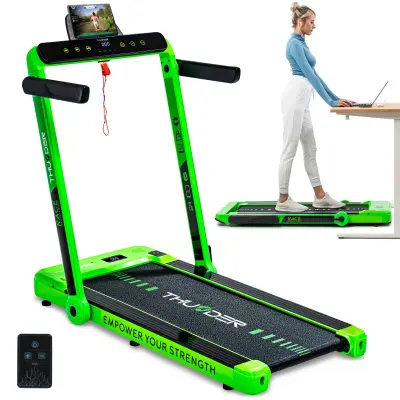 THUNDER® RACE-GREEN Električna sklopiva traka za trčanje ispod stola – 14 km/h, 2 KS, niska izvedba 14 cm, Bluetooth, nosivost 130 kg