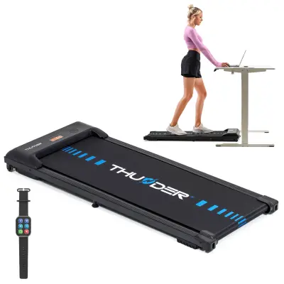 Električna traka za trčanje ispod stola THUNDER® IDEA-BLACK – 6 km/h, 1,5 KS, ultra tanka 11 cm, Bluetooth, LED zaslon, nosivost 100 kg