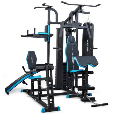 Višestanični višenamjenski fitness stup THUNDER® DIGLET – klizni podupirač za ruke, klupa, dip stanica, 80 kg utega, boksarska vreća
