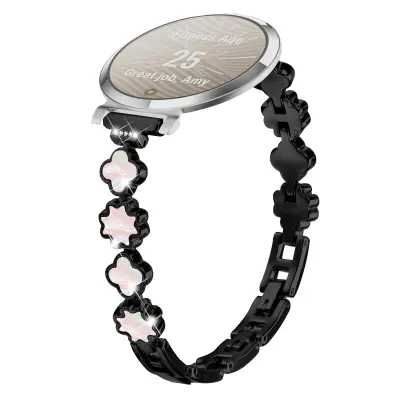 Elegantni metalni remen za sat s motivom djeteline i sedefa, kompatibilan s Garmin Lily 2 Crna