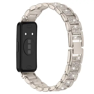 Tanak remen za sat od nehrđajućeg čelika s dijamantima, kompatibilan s Huawei Band 8/9/10 Bež