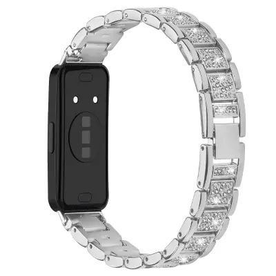 Tanak remen za sat od nehrđajućeg čelika s dijamantima, kompatibilan s Huawei Band 8/9/10 Srebrna