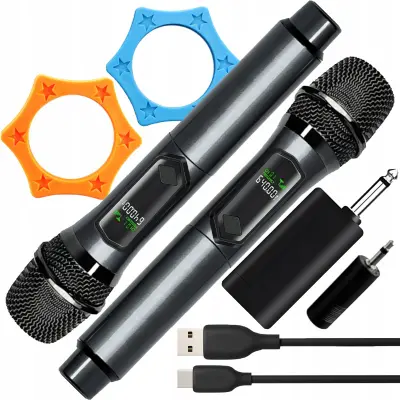 Bežični karaoke set na baterije, 2x mikrofon, LCD i prijemnik do 50m, 2,4 GHz