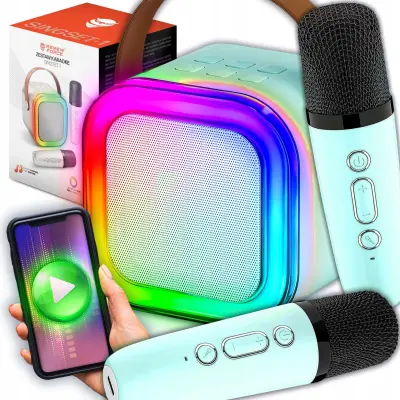 Baterija 1200mAh karaoke zvučnik Bluetooth 5.3 2x mikrofon LED RGB plava