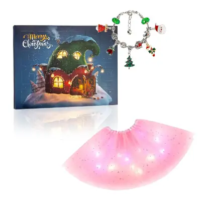 Adventni kalendar s božićnim narukvicama 24 dana + LED svjetleća tutu suknja za djevojčice, 22 privjesaka | ADVENTPRINCESS