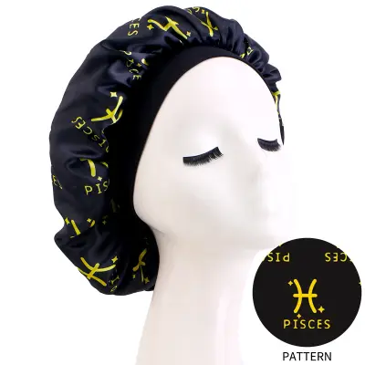Pisces Zodiac Printed Elastic Satin Beauty Hair Care Sleep Cap Crna