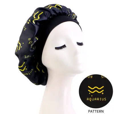 Aquarius Zodiac Printed Elastic Beauty Hair Care Sleeping Cap - Satin Bonnet Crna