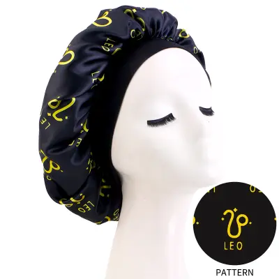 Leo Zodiac Print Elastic Satin Beauty Hair Care Sleep Cap Crna