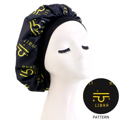 Libra Zodiac Print Elastic Satin Beauty Hair Care Sleep Cap Crna