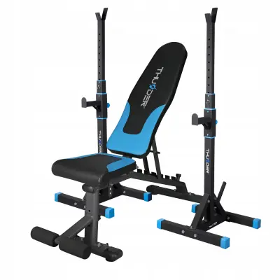 THUNDER® QUICK klupa za vježbanje s podesivim nagibom, ekspanderima i blokadom za noge + stalak s dugom šipkom PRESS – do 120 kg / 200 kg