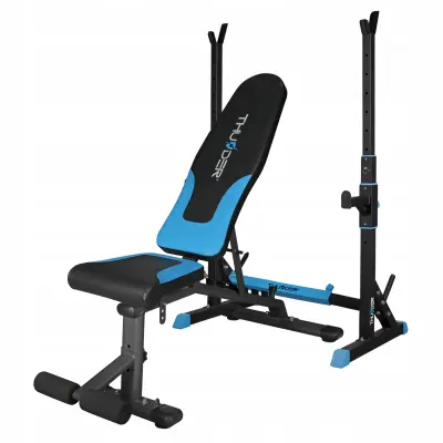 Podesiva klupa za fitness s nagibom THUNDER® QUICK s ekspanderima i blokadom za noge + CARMI stalak za dugu šipku - do 120 kg / 200 kg