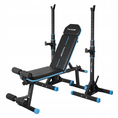 THUNDER® WOXIC klupa za vježbanje s podesivim nagibom, ekspanderima i blokadom za noge + stalak s dugom šipkom PRESS – do 150 kg / 200 kg